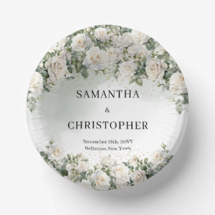 Elegant White Roses Floral Garden greenery wedding Paper Plate