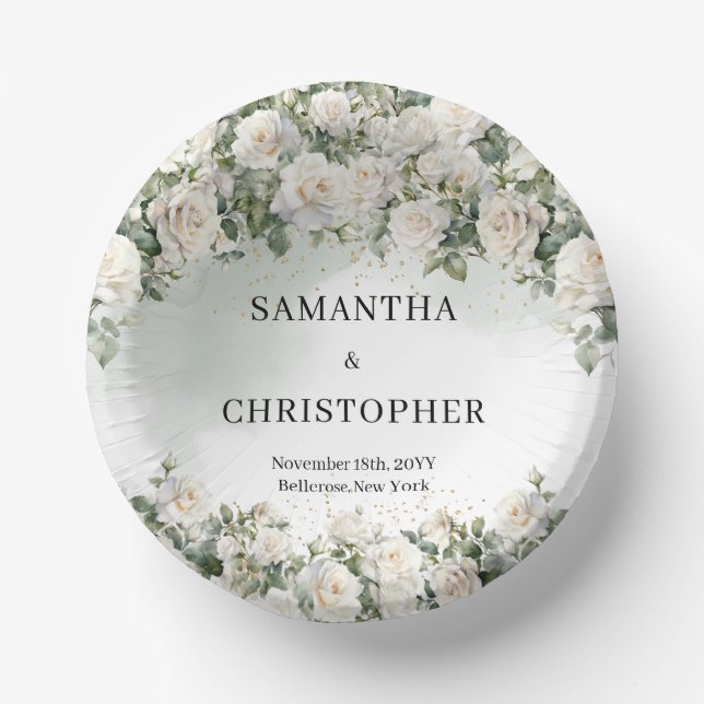 Elegant White Roses Floral Garden greenery wedding Paper Plate (Front)