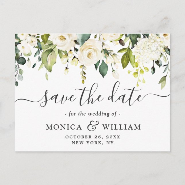 Elegant White Roses Flowers Wedding Save the Date Announcement Postcard (Front)
