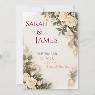 Elegant White Roses Gold Ribbon Wedding Invitation
