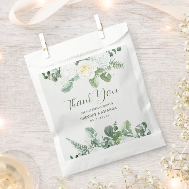 Elegant White Roses & Greenery  Favour Bag (Clipped)