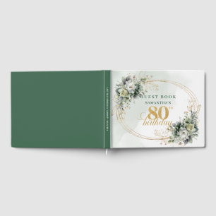 Elegant White Roses Greenery Gold 80th Birthday   Guest Book