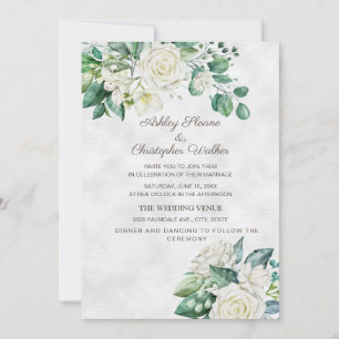 Elegant White Roses Greenery Wedding Invitation