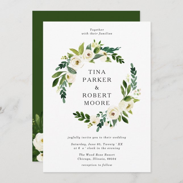 Elegant White Roses Greenery Wedding Monogrammed Invitation (Front/Back)