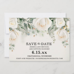 Elegant White Roses Greenery Wedding Save The Date