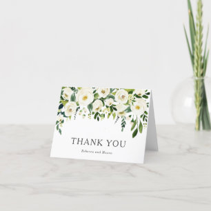 Elegant White Roses Greenery Wedding Thank You