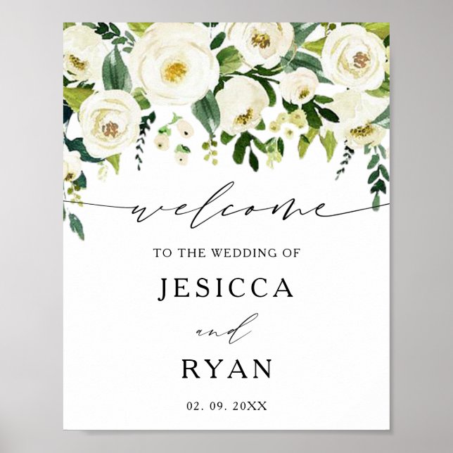 Elegant White Roses Greenery Wedding Welcome Sign (Front)
