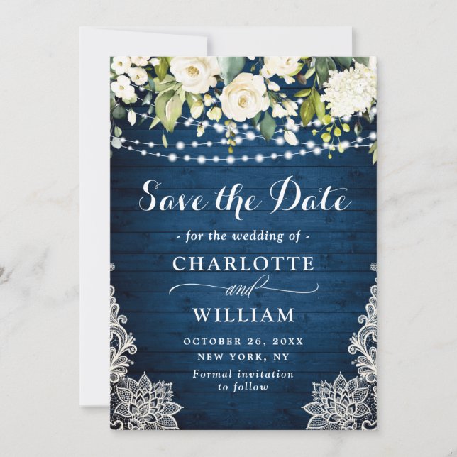 Elegant White Roses Lace Blue Wood Rustic Wedding Save The Date (Front)