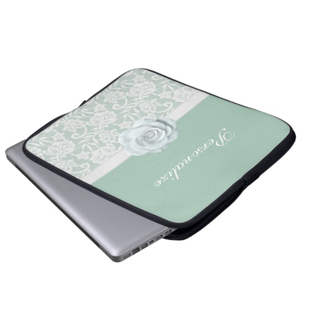 Elegant White Roses & Lace Mint Green Laptop Sleeve (Front Bottom)