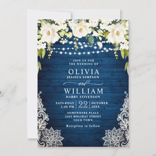Elegant White Roses Lace Rustic Blue Wood Wedding Invitation (Front)