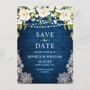 Elegant White Roses Lace Rustic Blue Wood Wedding Save The Date