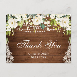 Elegant White Roses Lace Rustic Thank You Cards