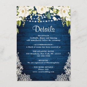 Elegant White Roses Lace Rustic Wedding Details Enclosure Card