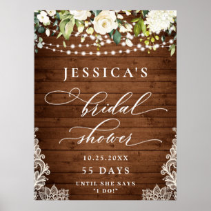 Elegant White Roses Lace Rustic Wood Bridal Shower Poster