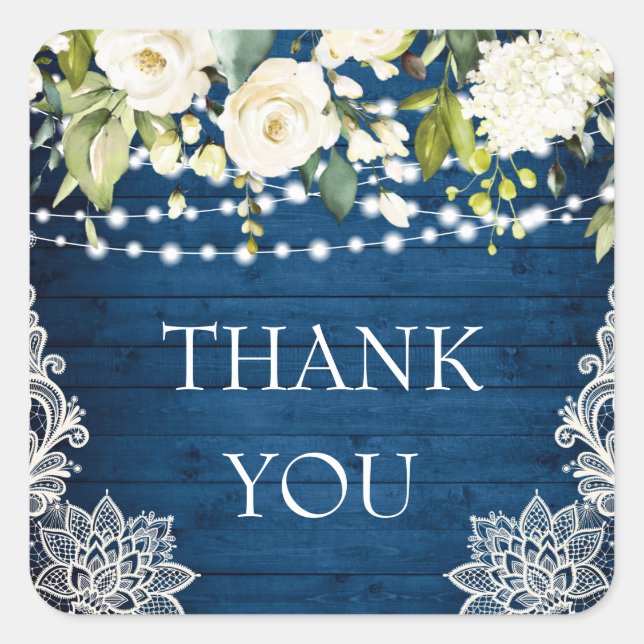 Elegant White Roses Lace Rustic Wood Thank You Square Sticker (Front)