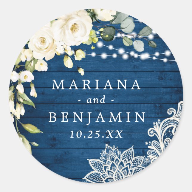 Elegant White Roses Lace Rustic Wood Wedding Classic Round Sticker (Front)
