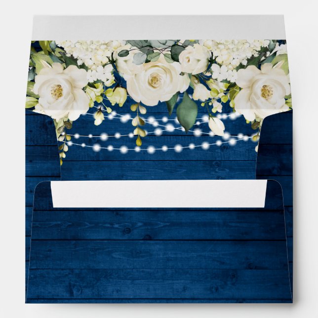 Elegant White Roses Lace Rustic Wood Wedding Envelope (Back (Bottom))