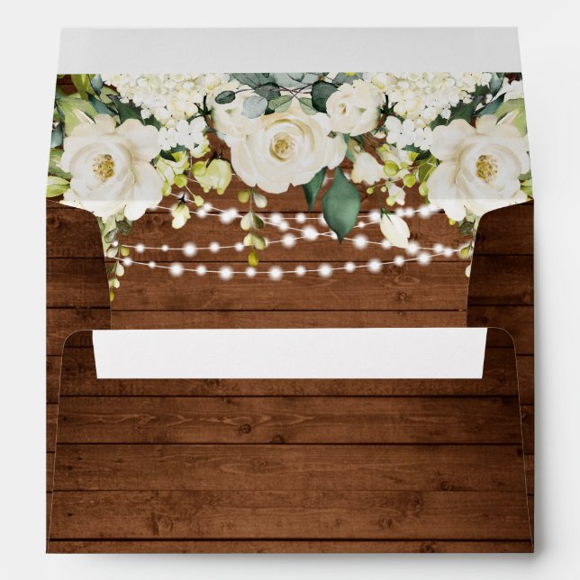 Elegant White Roses Lace Rustic Wood Wedding Envelope (Back (Bottom))