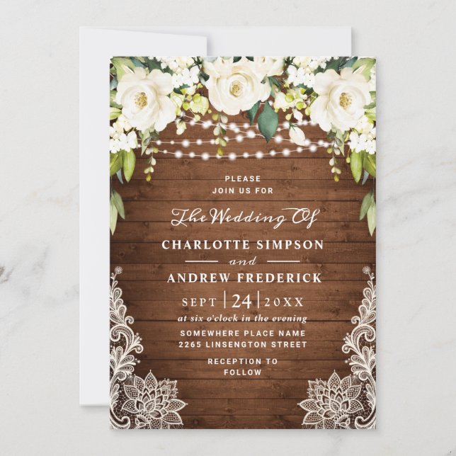Elegant White Roses Lace Rustic Wood Wedding Invitation (Front)