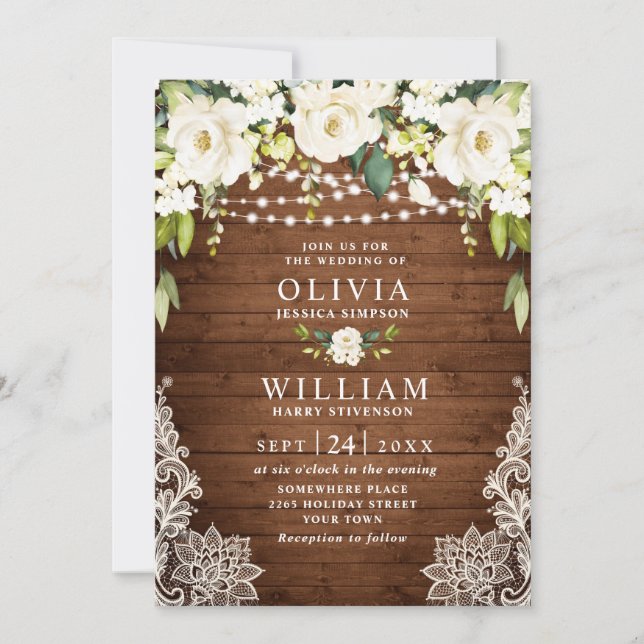 Elegant White Roses Lace Rustic Wood Wedding Invitation (Front)