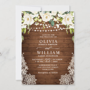 Elegant White Roses Lace Rustic Wood Wedding Invitation