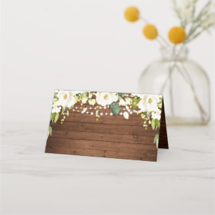 Elegant White Roses Lace Rustic Wood Wedding Place Card