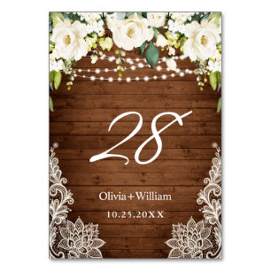 Elegant White Roses Lace Rustic Wood Wedding Table Number
