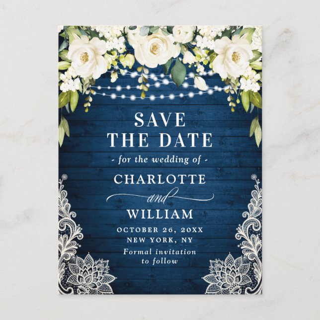 Elegant White Roses Lace Wedding Save the Date Postcard (Front)