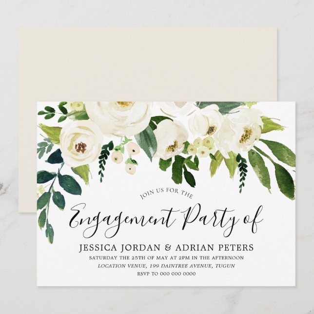Elegant White Roses Modern Engagement Party Invitation (Front/Back)