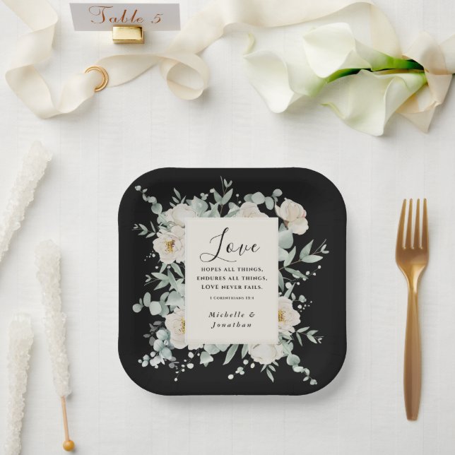 Elegant White Roses on Black Wedding Bible Verse Paper Plate (Wedding)