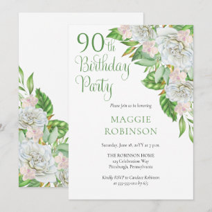 Elegant White Roses   Orchids 90th Birthday Party Invitation