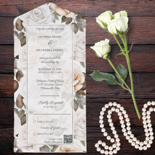 Elegant White Roses QR Code  All In One Invitation