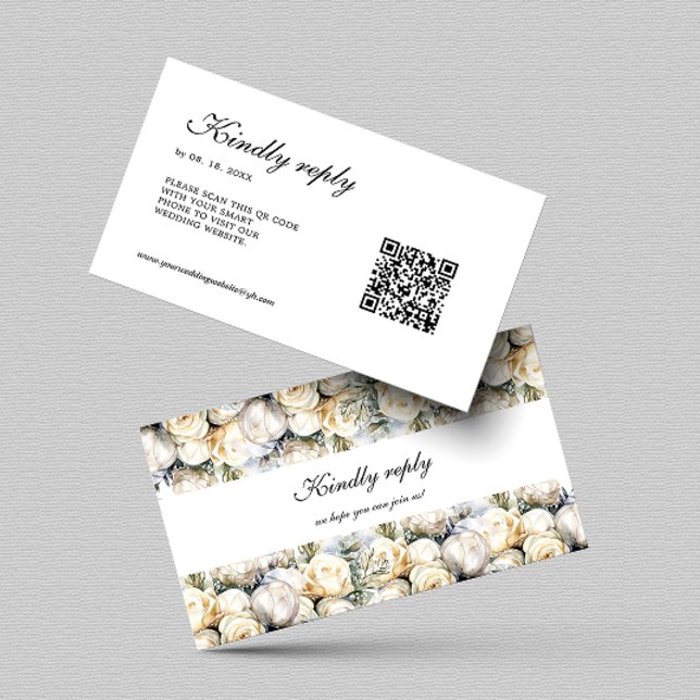 Elegant White Roses RSVP QR code Enclosure Card (Creator Uploaded)