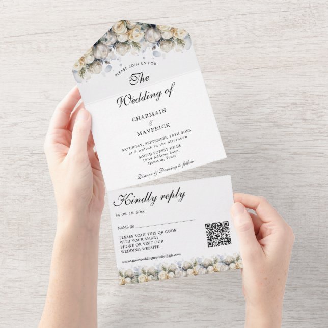 Elegant White Roses RSVP QR Code Wedding All In One Invitation (Tearaway)