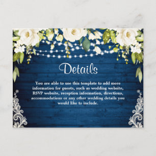 Elegant White Roses Rustic Wedding Details Card