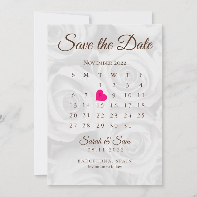 Elegant White ROses Save The Date Calendar Wedding Invitation (Front)