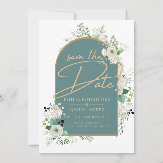 Elegant White Roses Sea Glass Arch Save Date Invitation (Front)