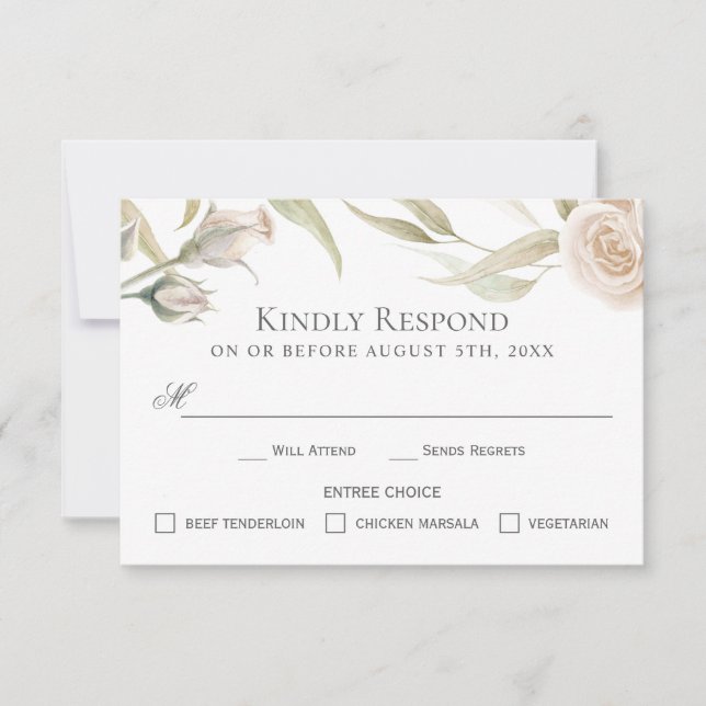Elegant White Roses Watercolor RSVP with Entrees Card (Front)