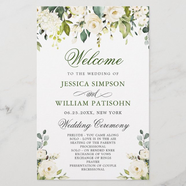 Elegant White Roses Wedding Ceremony Program (Front)