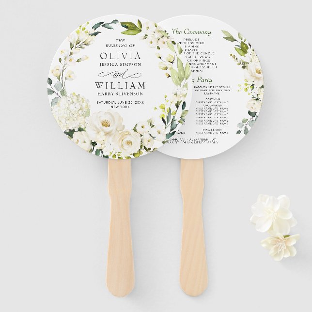Elegant White  Roses Wedding Program Hand Fan (Front and Back)