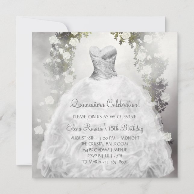 Elegant White Roses White Quinceanera Invitations (Front)