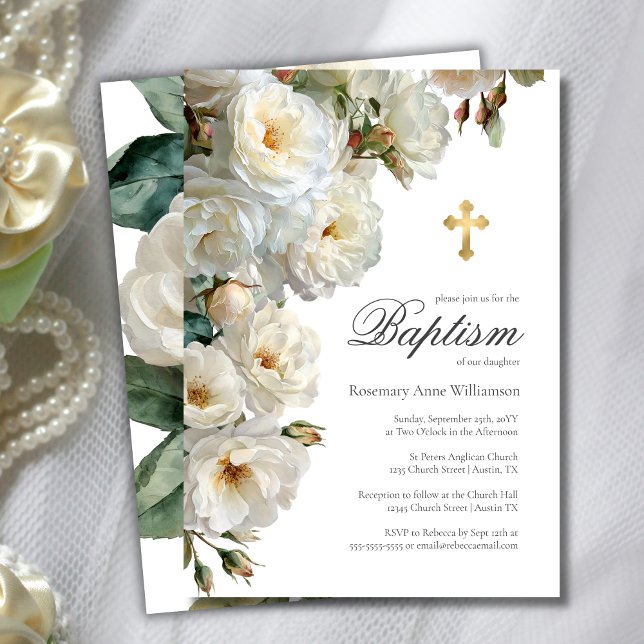 Elegant White Roses with Gold Cross Baptism  Invitation (Creator Uploaded)