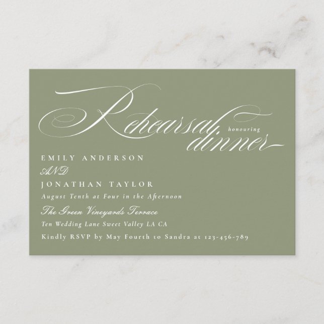 Elegant White Sage Calligraphy Rehearsal Dinner Enclosure Card (Front)