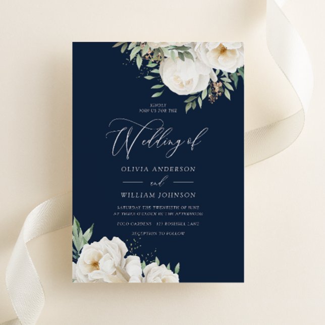 Elegant White & Sage Floral Navy Wedding Invitation (Creator Uploaded)
