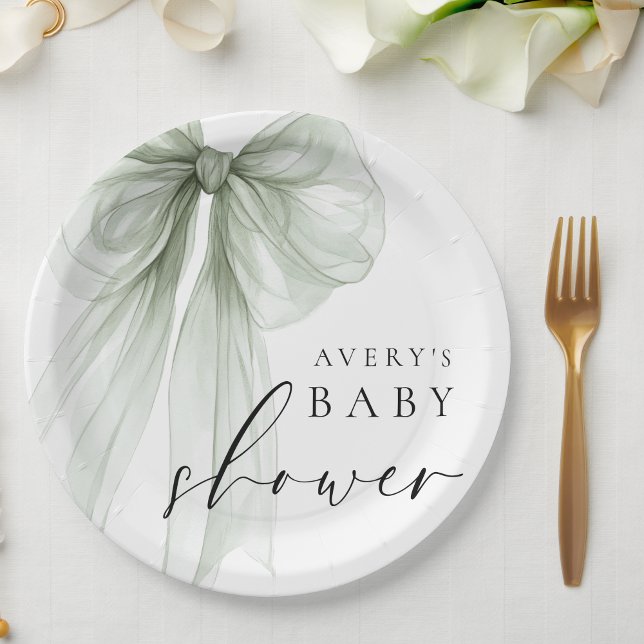 Elegant White Sage Green Bow Baby Shower Paper Plate (Creator Uploaded)