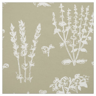 Elegant White Sage Green Herbal Garden Pattern Fabric