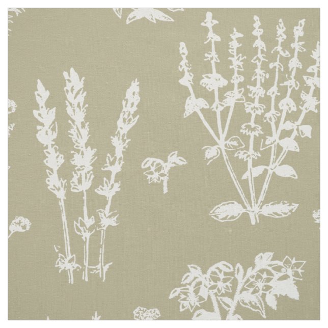 Elegant White Sage Green Herbal Garden Pattern Fabric (Swatch)