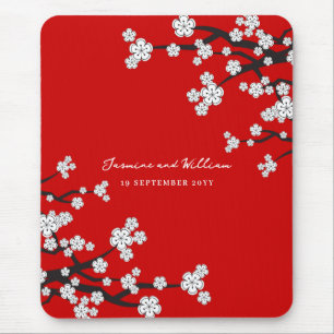 Elegant White Sakura Cherry Blossom Flowers On Red Mouse Pad