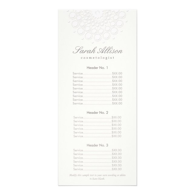 Elegant White Salon and Spa Price List Rack Card (Front)