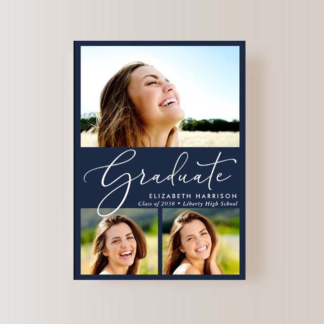 Elegant White Script 3 Photo Blue Graduation Announcement (An elegant photo graduation announcement to celebrate the graduate's achievements)